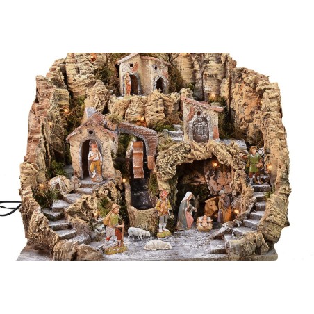 Pesebre iluminado con molino de agua completo con estatuas