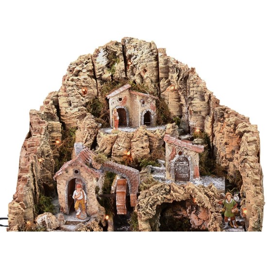 Pesebre iluminado con molino de agua completo con estatuas