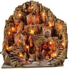 Pesebre iluminado con molino de agua completo con estatuas 2