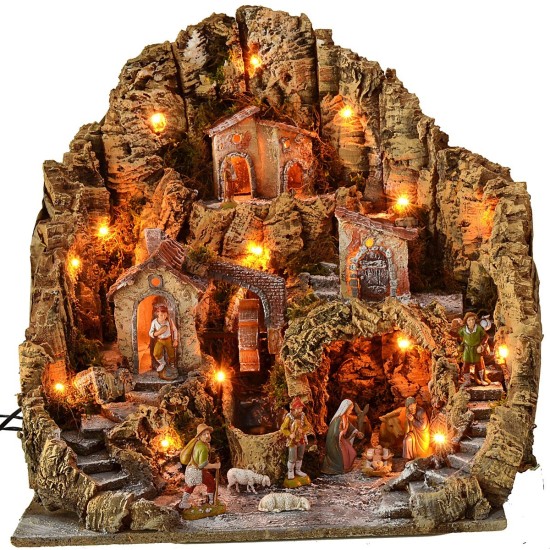 Pesebre iluminado con molino de agua completo con estatuas Landi.