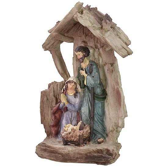 Natività con capanna a tronco in resina cm 12x7x20 h presepe