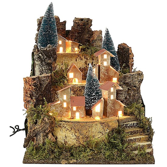 Paisaje para belén con casitas iluminadas de 25x24x30,5 cm h