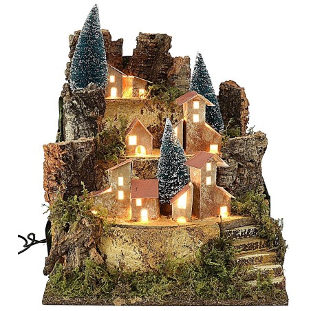 Paisaje para belén con casitas iluminadas de 25x24x30,5 cm h