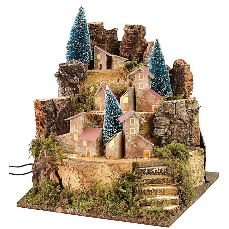 Paisaje para belén con casitas iluminadas de 25x24x30,5 cm h