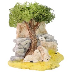 Rebaño de ovejas pastando con árbol para belén de 12x8x13 cm h. 2