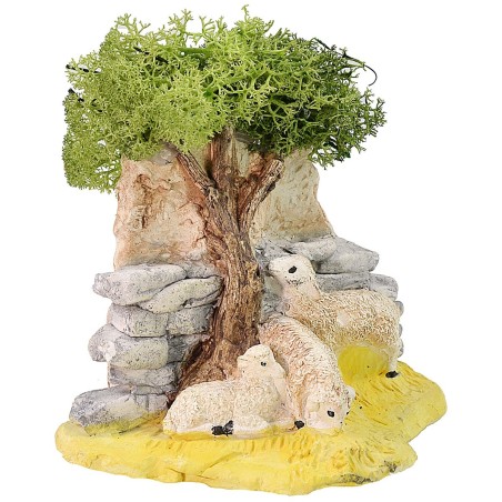 Rebaño de ovejas pastando con árbol para belén de 12x8x13 cm h.