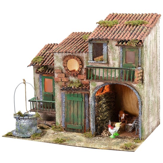 Casita de campo iluminada a corriente con animales y pozo cm