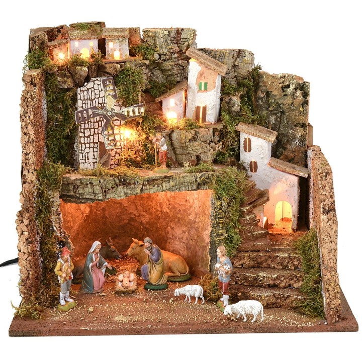 Belén iluminado con molino de viento cm 45x30x37,5 h