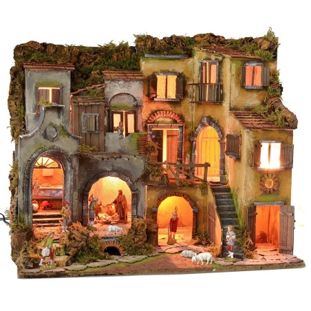 Presepe napoletano illuminato completo di statue Landi con