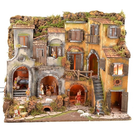 Belén napolitano iluminado completo con estatuas de Landi con