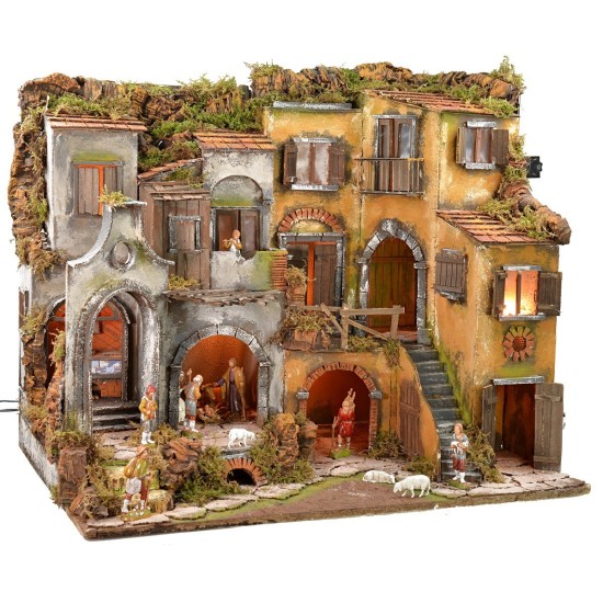 Presepe napoletano illuminato completo di statue Landi con