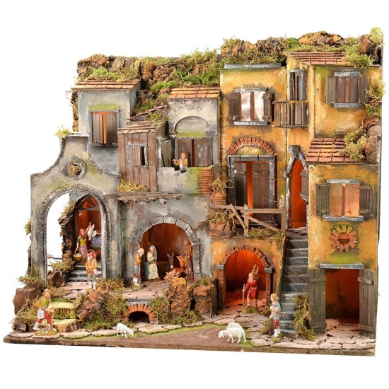 Presepe napoletano illuminato completo di statue Landi con