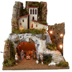 Classic illuminated nativity scene with grotto and staircase cm