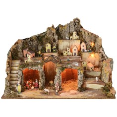 Nativity scene with illuminated landscape complete with statues
