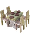 Mesa de madera con 4 sillas para estatuas de 8-10 cm.