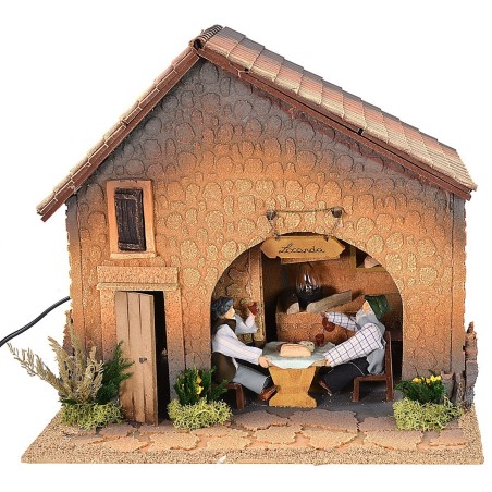 Osteria illuminata per presepe con fuoco funzionante e doppio