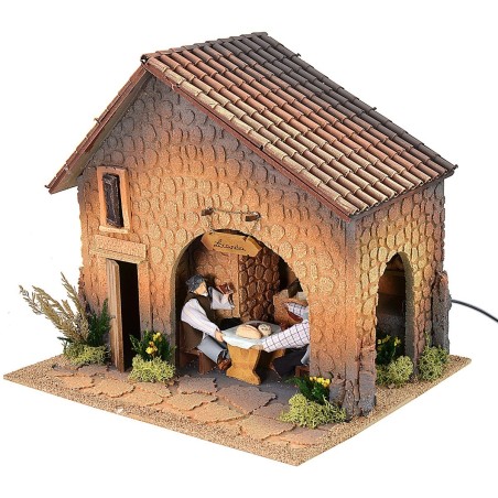 Osteria illuminata per presepe con fuoco funzionante e doppio
