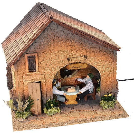 Osteria illuminata per presepe con fuoco funzionante e doppio