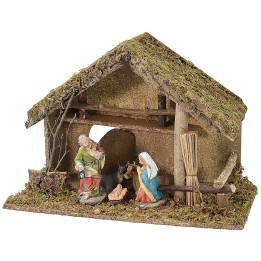 Capanna cm 43x21x30,5 h completa di Natività in resina 12 cm