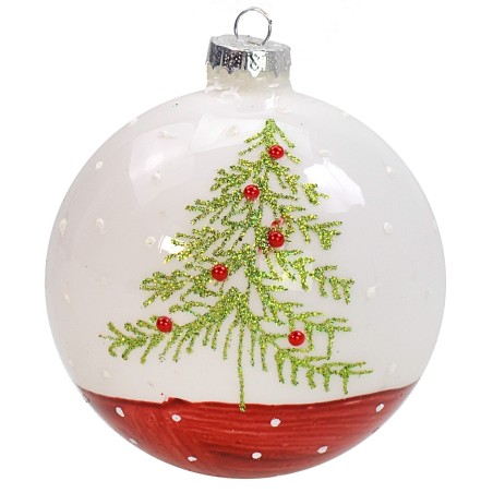 Pallina bianco-rossa con albero di Natale ø 10 cm Mondo Presepi