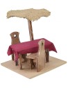 Mesa de madera de 12x12x12 cm de altura con sillas y sombrilla