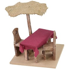 Mesa de madera de 12x12x12 cm de altura con sillas y sombrilla 2