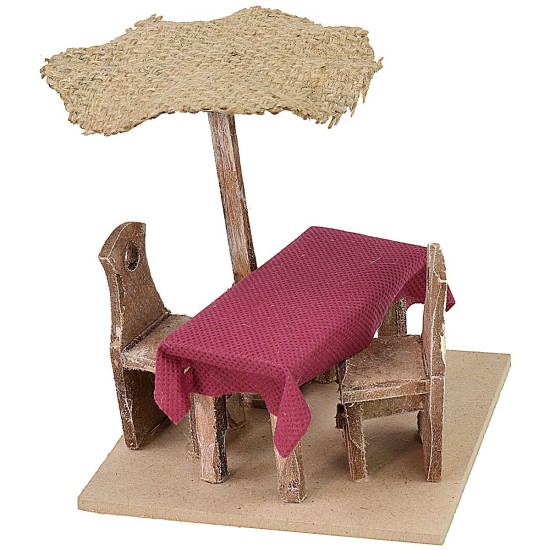 Mesa de madera de 12x12x12 cm de altura con sillas y sombrilla