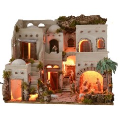 Illuminated Arab nativity scene with functioning fountain