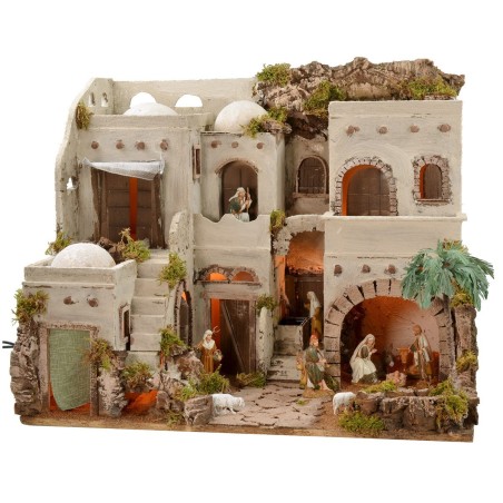 Illuminated Arab nativity scene with functioning fountain