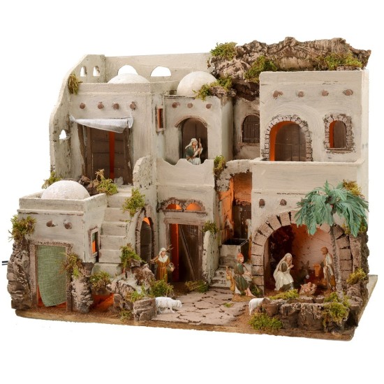 Illuminated Arab nativity scene with functioning fountain