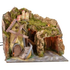 Classic illuminated landscape with grotto and mill running on 2