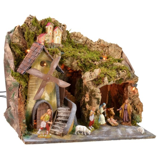 Presepe illuminato con grotta e mulino funzionante a corrente