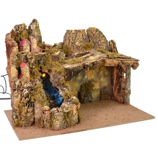 Nativity scene with landscape, lights, and working waterfall, dimensions 45x30x34 cm (h)