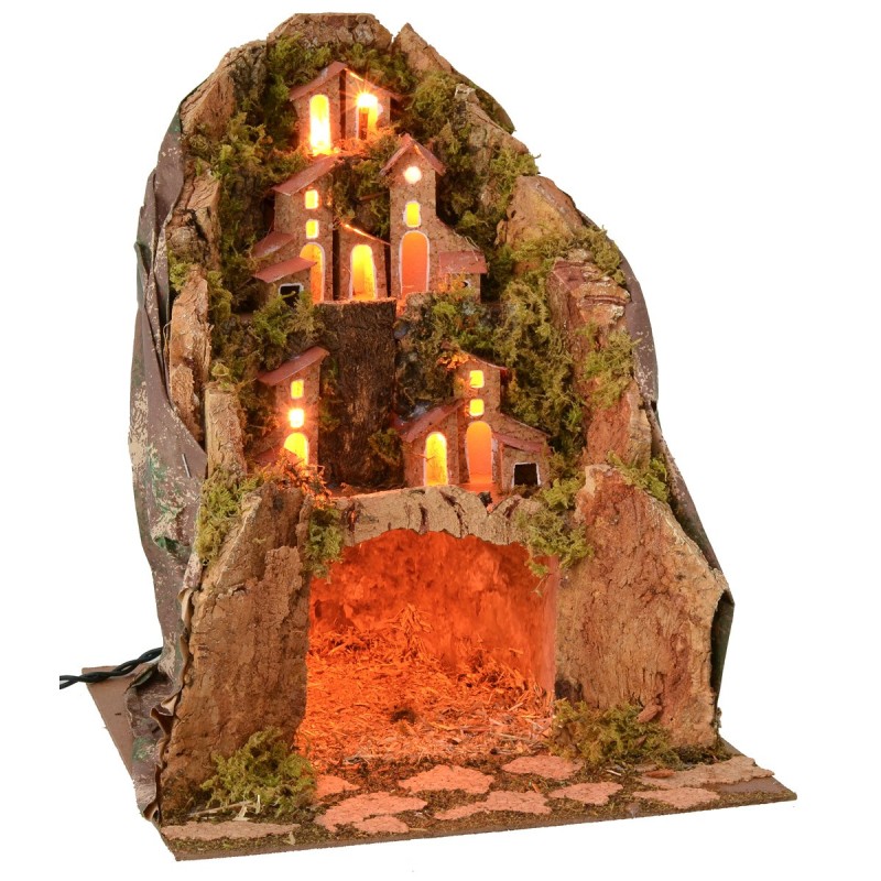 Classic illuminated nativity scene with cave 25x25x31 cm h