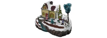 Christmas scene with house and battery-operated skating rink cm