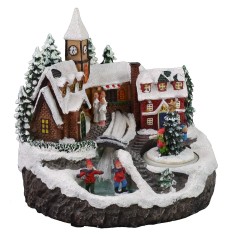 Escenario navideño con río y pista de patinaje funcionando con 2