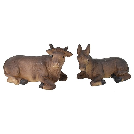 Ox and donkey set in resin for Nativity 8 cm