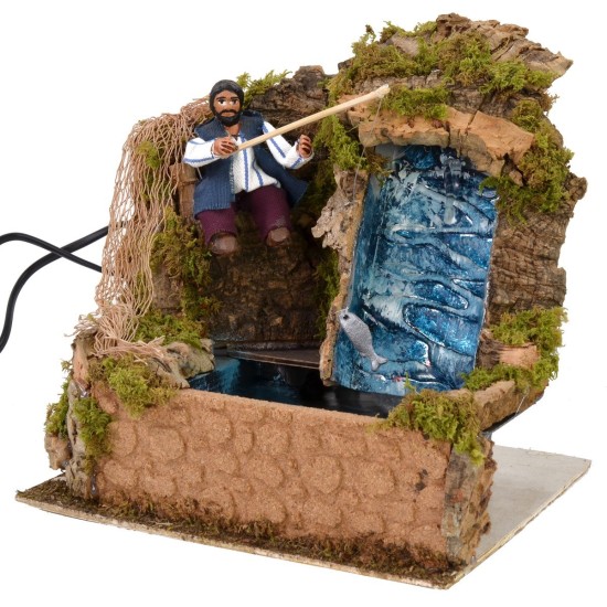 Fisherman in movement 10 cm series with functioning waterfall