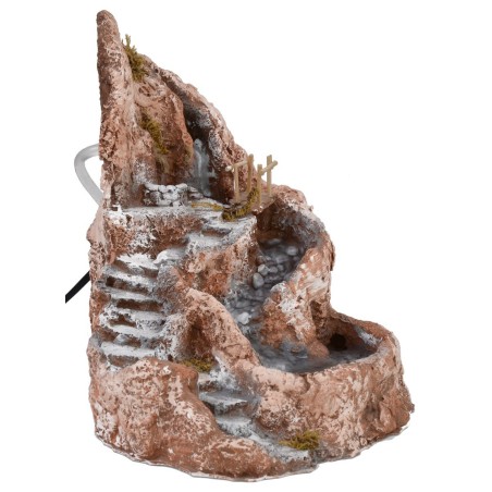 Doble cascada de resina con fuentes, puente y escalera.