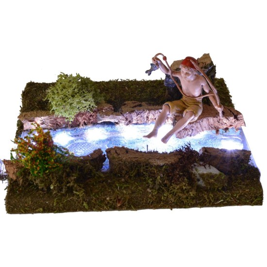 Illuminated stretch of river with fisherman 16.5x13.5 cm