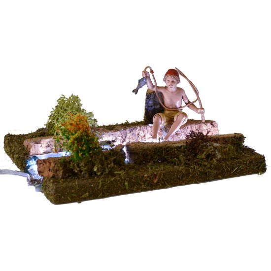 Illuminated stretch of river with fisherman 16.5x13.5 cm