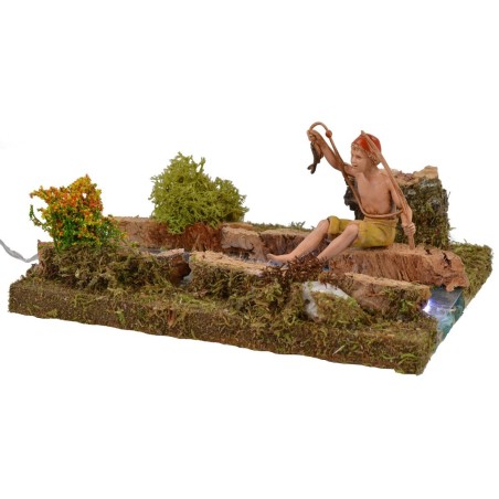 Tratto di fiume illuminato con pescatore cm 16,5x13,5