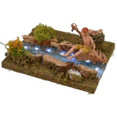 Illuminated stretch of river with fisherman 16.5x13.5 cm
