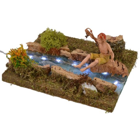 Tramo de río iluminado con pescador cm 16,5x13,5 Mundo