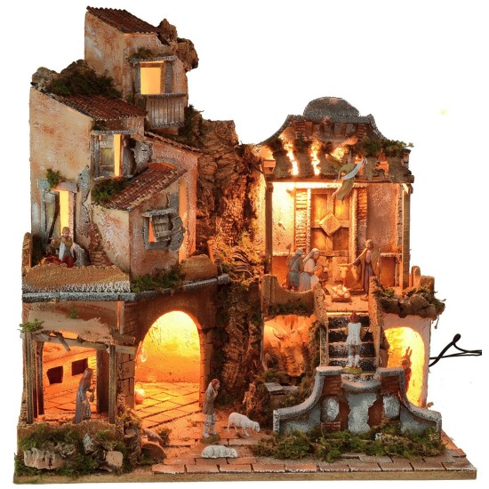 Presepe illuminato con cascata funzionante cm 60x45x61 h Mondo
