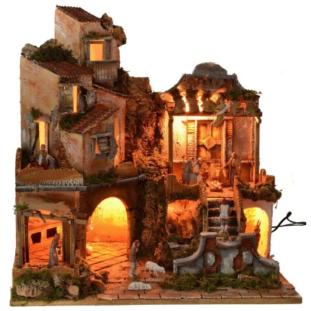 Presepe illuminato con cascata funzionante cm 60x45x61 h Mondo
