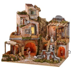 Illuminated nativity scene with functioning waterfall complete with statues 2