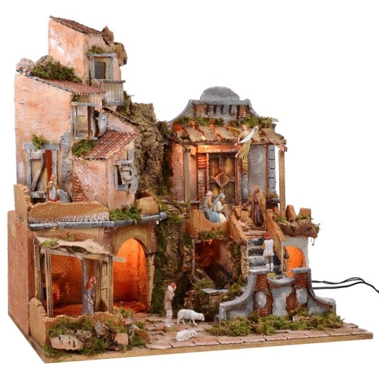 Presepe illuminato con cascata funzionante completo di statue