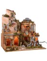 Illuminated nativity scene with working waterfall complete with statues