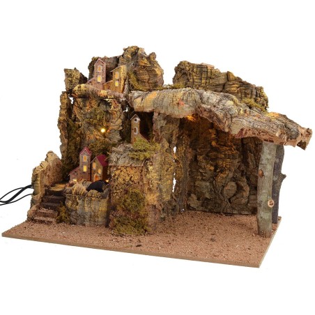 Illuminated nativity scene with functioning water mill